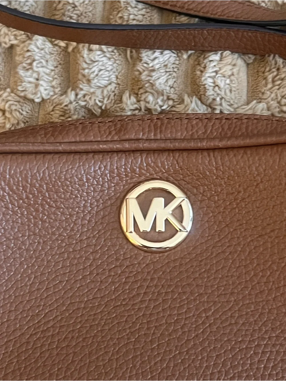 Michael Kors Chestnut Pebbled Leather Crossbody with Gold MK Logo